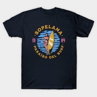 Vintage Sopelana, Spain Surfer's Paradise // Retro Surfing 1980s Badge T-Shirt